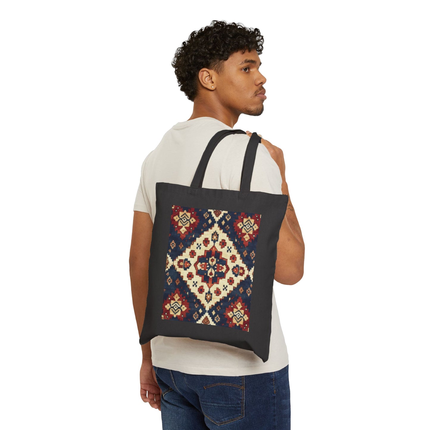 Boho Cotton Canvas Tote Bag, Shopping Bag for Everyday Use, Beach, Grocery, Gifts, Sustainable Style, Traditional Turkish Carpet Pattern