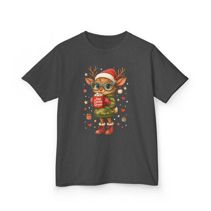 Hot Cocoa Queen Christmas T-Shirt for Girls, Cute Holiday Reindeer Tee
