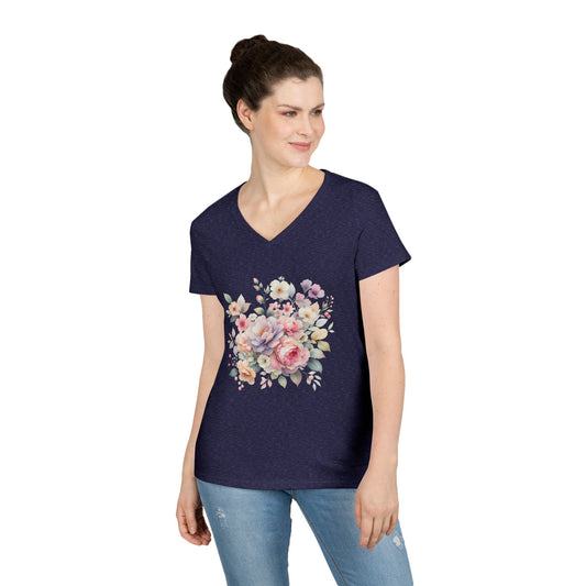 Pastel Floral Bouquet Ladies' V-Neck T-Shirt, Romantic Soft Vintage Flower Tee, Spring Fashion, Gift for Her, Everyday Wear