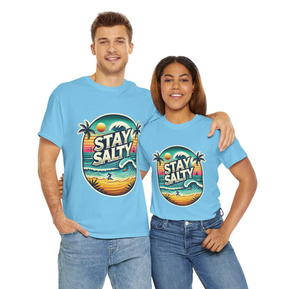 Stay Salty Retro Surf Unisex Heavy Cotton Tee, Vintage Beach Sunset Graphic T-Shirt, Summer Ocean Wave Surfer Shirt, Ocean Lover Gift