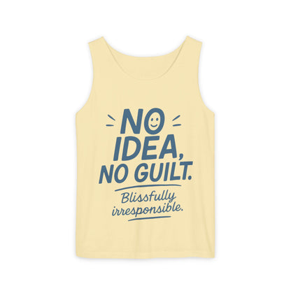 Mens Funny Tank Top, No Idea No Guilt Quote, Blissfully Irresponsible Gym Shirt, Casual Sleeveless Top, , Fun Party Shirt