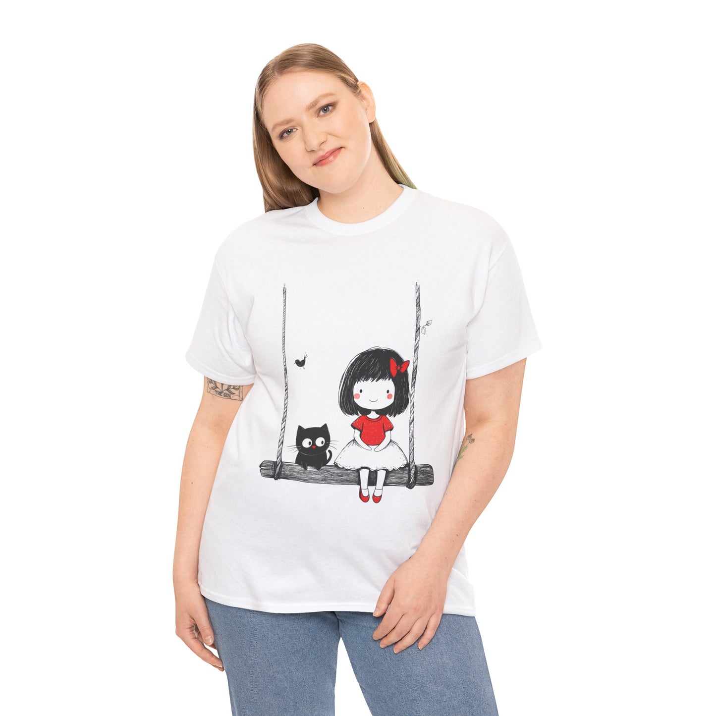 Cute Cat & Girl Graphic Tee, Playful Gift for Cat Lovers, Cat and Girl Design, Gift for Cat Owners, Women's Cotton T-Shirt
