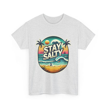 Stay Salty Retro Surf Unisex Heavy Cotton Tee, Vintage Beach Sunset Graphic T-Shirt, Summer Ocean Wave Surfer Shirt, Ocean Lover Gift