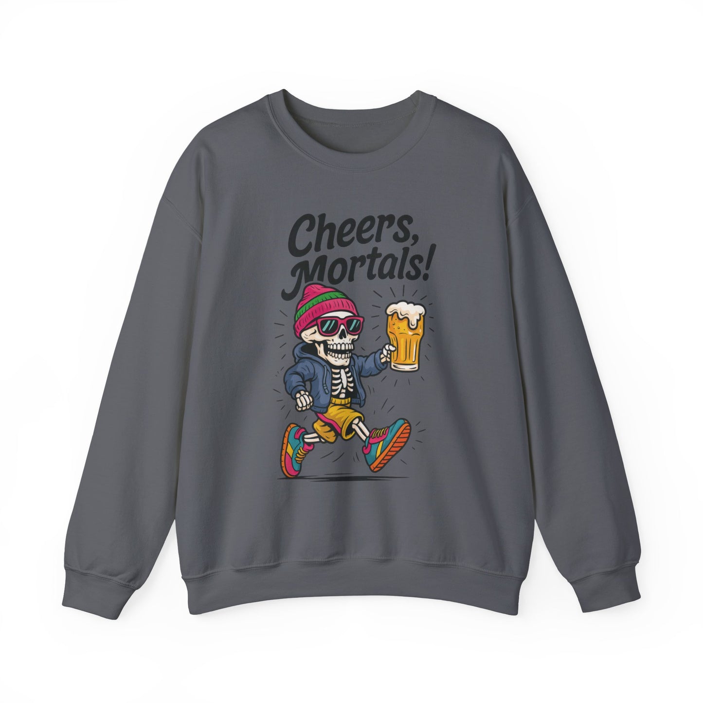 Cheers Mortals! Mens Crewneck Sweatshirt, Skeleton Beer Pullover with Hood, Drinking Humor Sweatshirt, Party Gift for Him, Halloween Apparel