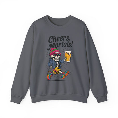Cheers Mortals! Mens Crewneck Sweatshirt, Skeleton Beer Pullover with Hood, Drinking Humor Sweatshirt, Party Gift for Him, Halloween Apparel