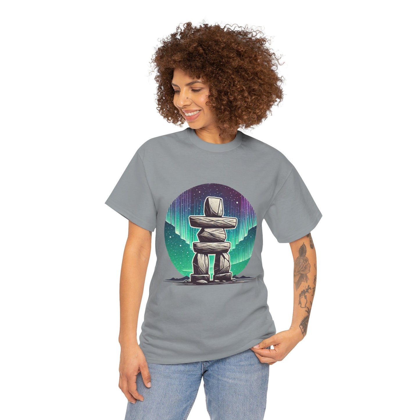 Aurora Stone Inukshuk Tee, Northern Lights Inukshuk T-Shirt,  Arctic Stone Stack Aurora Graphic Tee, Canada Inuit Symbol Shirt