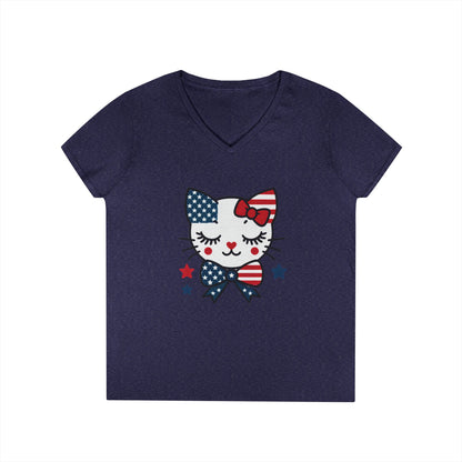 Patriotic Cat Ladies' V-Neck T-Shirt, Cute Tee, July 4th Top, Independence Day Shirt, Gift for Cat Lovers, Casual Summer Wear