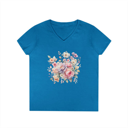 Pastel Floral Bouquet Ladies' V-Neck T-Shirt, Romantic Soft Vintage Flower Tee, Spring Fashion, Gift for Her, Everyday Wear