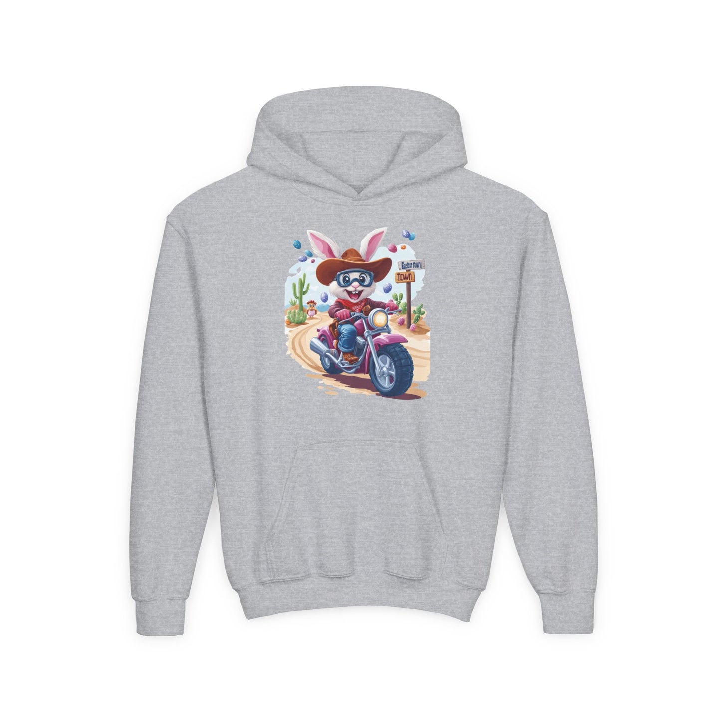 Easter Biker Bunny Youth Hoodie - Fun Spring Sweatshirt for Kids with Cute Motorcycle Bunny, Perfect for Easter & Holiday Gifting