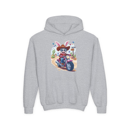 Easter Biker Bunny Youth Hoodie - Fun Spring Sweatshirt for Kids with Cute Motorcycle Bunny, Perfect for Easter & Holiday Gifting
