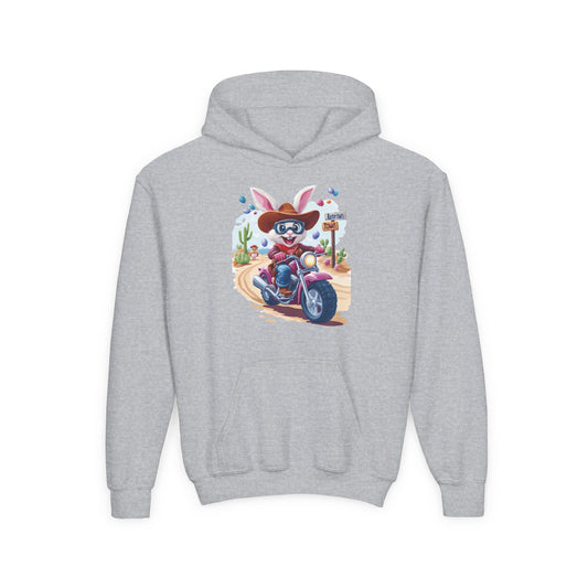 Easter Biker Bunny Youth Hoodie - Fun Spring Sweatshirt for Kids with Cute Motorcycle Bunny, Perfect for Easter & Holiday Gifting