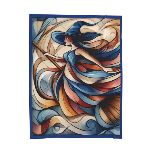 Abstract Witch Flying on Broom Velveteen Plush Blanket, Modern Art Deco Witch Blanket, Halloween Home Decor, Cozy Boho Gothic Throw Gift