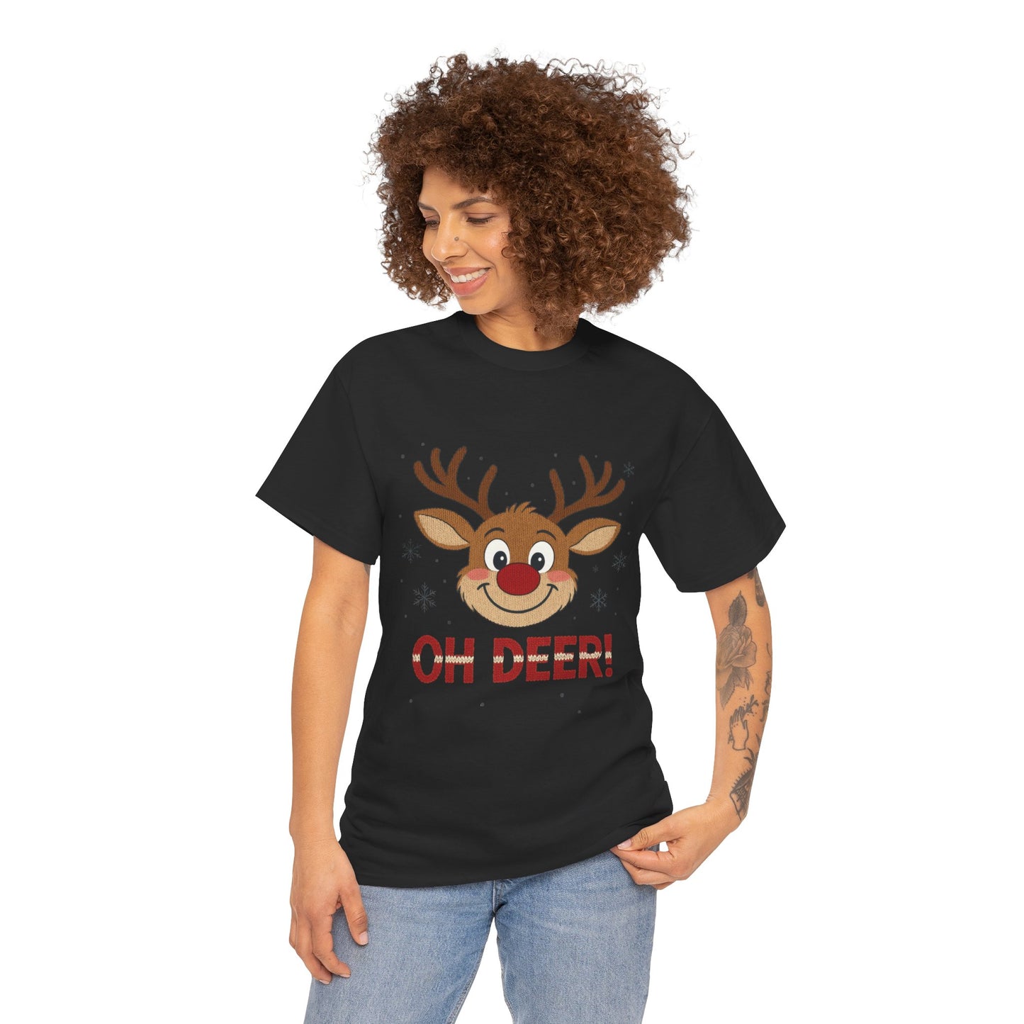 Women's Oh Deer Christmas T-Shirt, Cute Reindeer Holiday Graphic Tee, Women's Heavy Cotton Tee