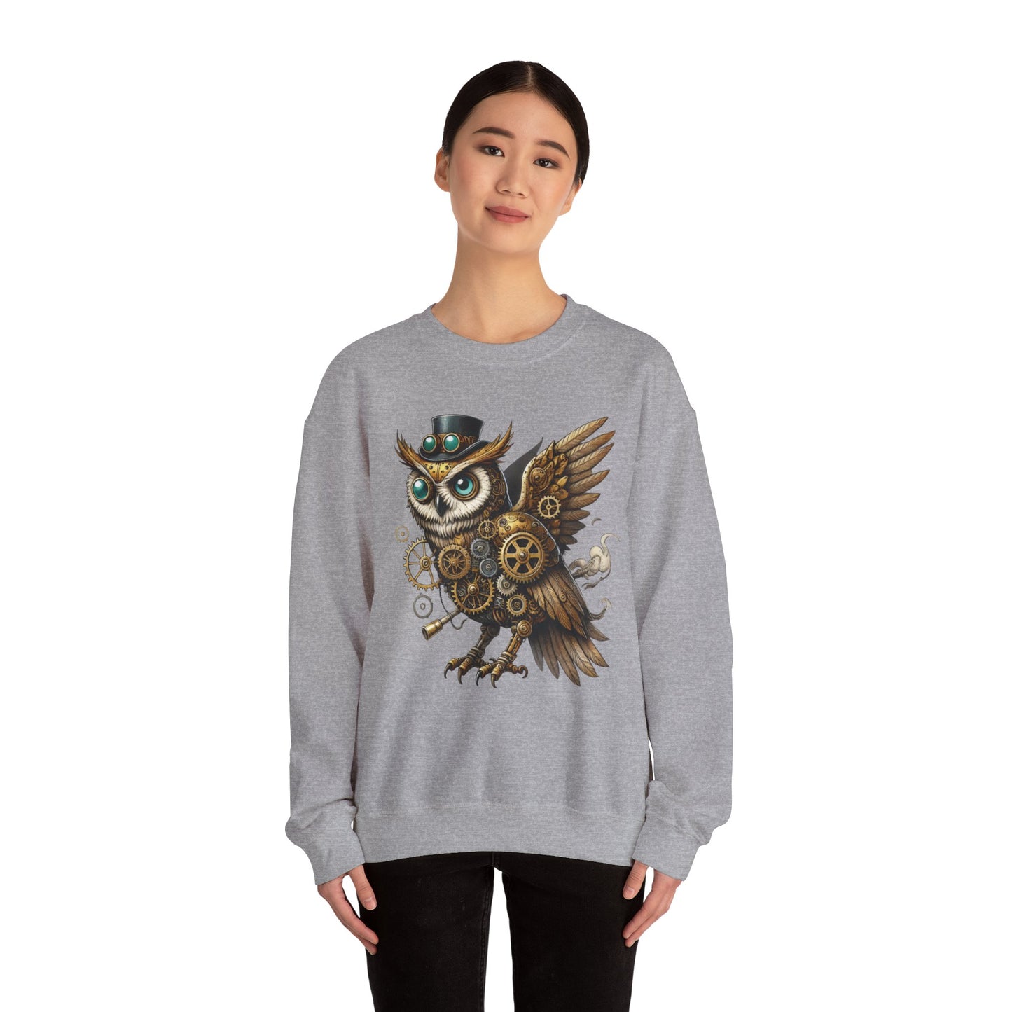Steampunk Owl Unisex Crewneck Sweatshirt, Vintage Mechanical Gears Fantasy Bird Graphic Pullover, Gift for Owl Lovers