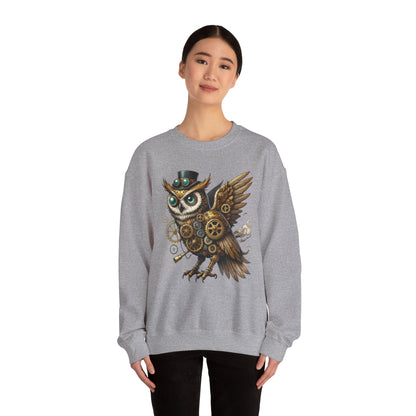Steampunk Owl Unisex Crewneck Sweatshirt, Vintage Mechanical Gears Fantasy Bird Graphic Pullover, Gift for Owl Lovers
