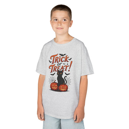 Cute Trick or Treat Black Cat T-Shirt for Girls Boys, Fun Spooky Halloween Tee, Pumpkin Cat Shirt for Kids, Fall Party Outfit