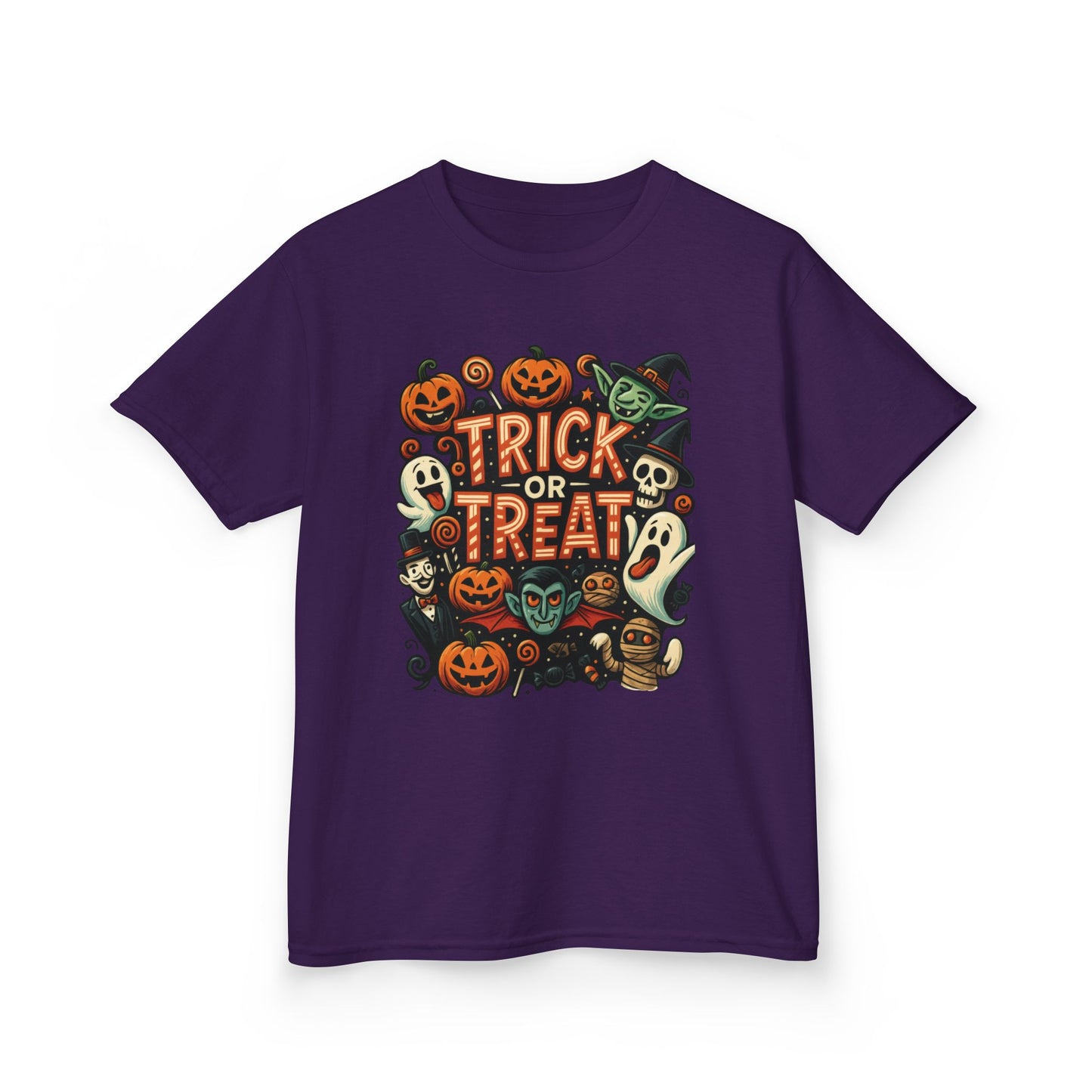 Kids Trick or Treat T-Shirt, Halloween Graphic Tee with Pumpkins, Ghosts & Vampires, Fun Spooky Shirt for Children