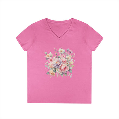 Pastel Floral Bouquet Ladies' V-Neck T-Shirt, Romantic Soft Vintage Flower Tee, Spring Fashion, Gift for Her, Everyday Wear
