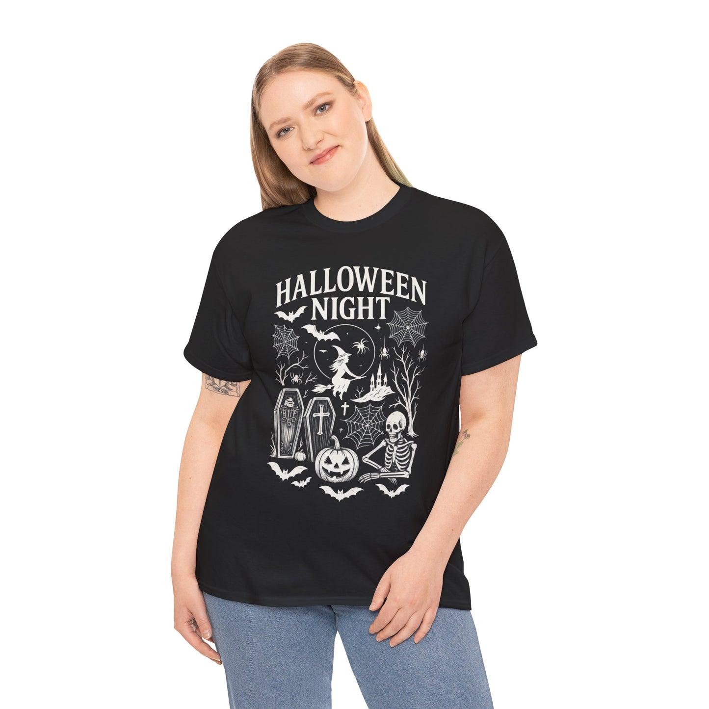 Halloween Night Women's T-Shirt, Gothic Witch Skeleton Pumpkin Tee, Spooky Scary Shirt for Halloween Party