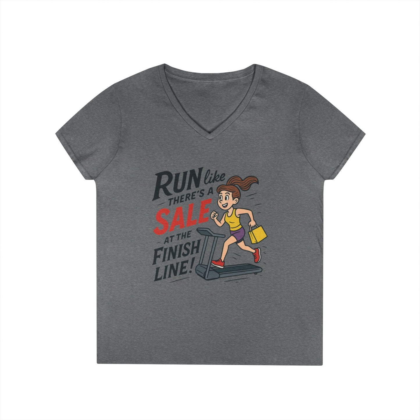 Ladies' V-Neck T-Shirt, Motivational Fitness Tee, Funny Gym Top, Funny Shopping Tee, Treadmill Runner Shirt for Her, For Sale Tee