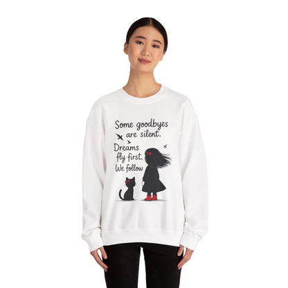 Cozy Farewell Girl & Cat Pullover, Hand Drawn Red Dress Art, Minimalist Womens Crewneck