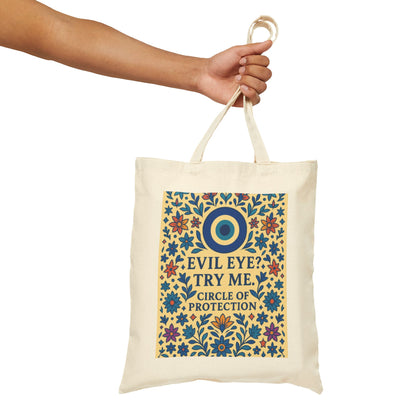 Evil Eye Protection Tote Bag,  Bold Floral Nazar Amulet Canvas Bag with Funny Quote, Boho Charm Bag, Boho Spiritual Gift