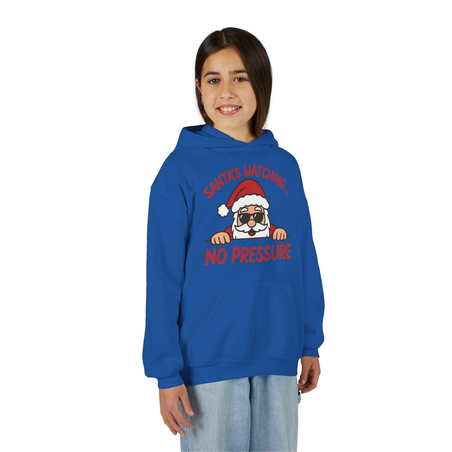 Santa's Watching No Pressure Kids Christmas Hoodie, Funny Holiday Sweatshirt for Youth