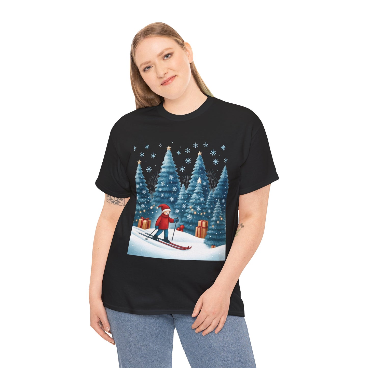Womens Cute Winter Holiday Graphic Tee, Christmas Skiing T-Shirt, Women's Heavy Cotton Tee