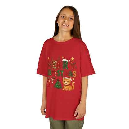 Merry Christmas Cat Shirt for Girls, Cute Holiday Kitten Tee