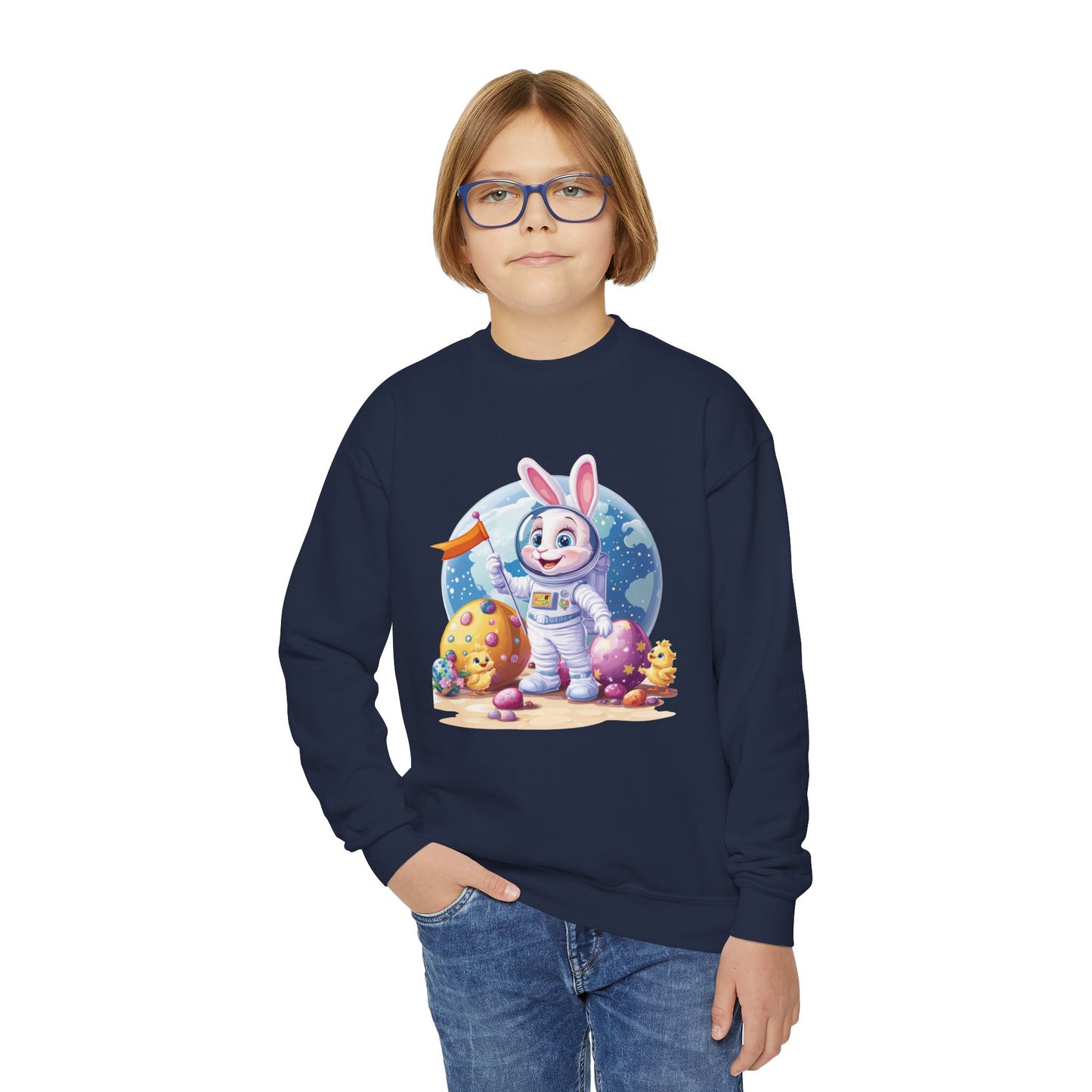 Astronaut Easter Bunny Youth Sweatshirt, Space Bunny Galaxy Crewneck for Kids, Cute Space Easter Gift for Boys & Girls, Fun Space Themed