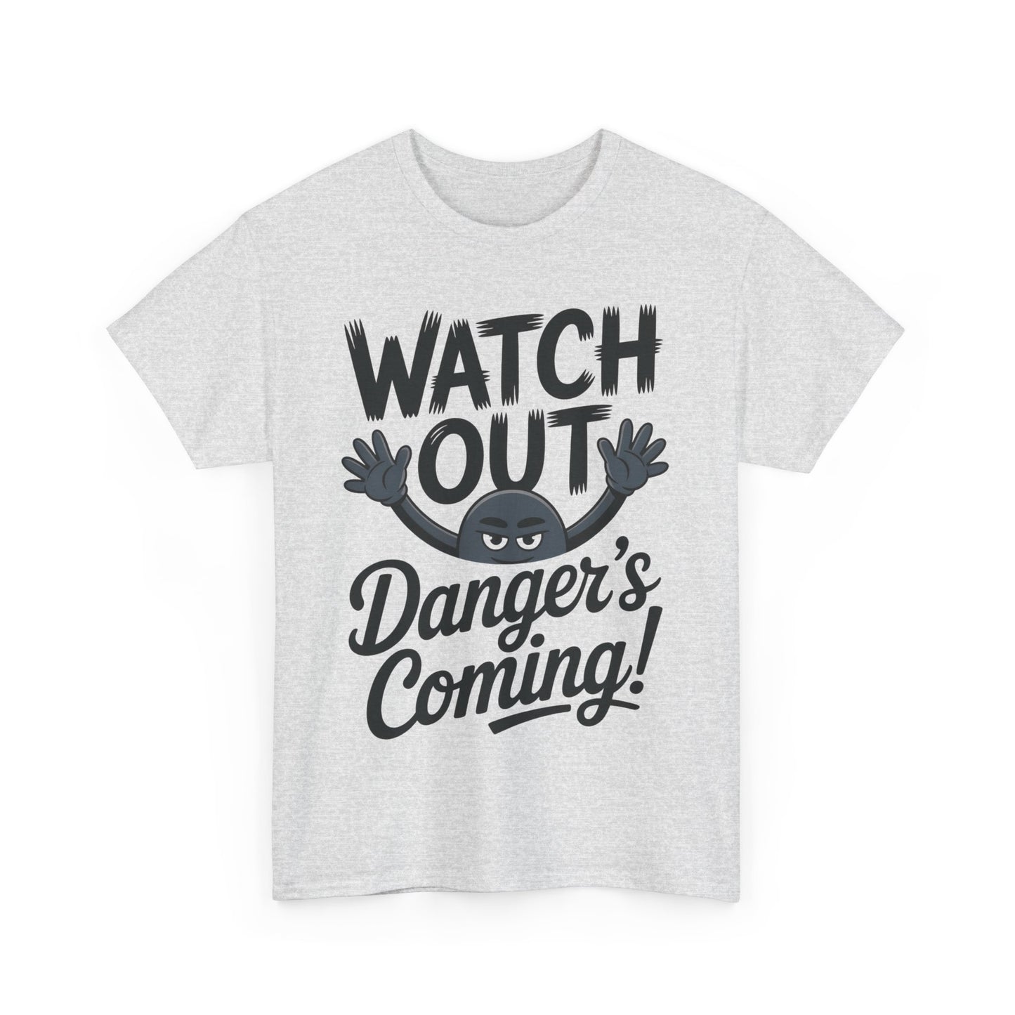 Funny "Watch Out" Cartoon Character T-Shirt, Sketch Style Unisex Heavy Cotton Tee, Minimalist Humorous Graphic Tee, Gift for Him/Her