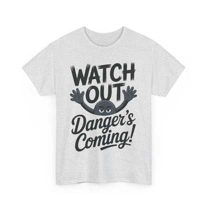 Funny "Watch Out" Cartoon Character T-Shirt, Sketch Style Unisex Heavy Cotton Tee, Minimalist Humorous Graphic Tee, Gift for Him/Her