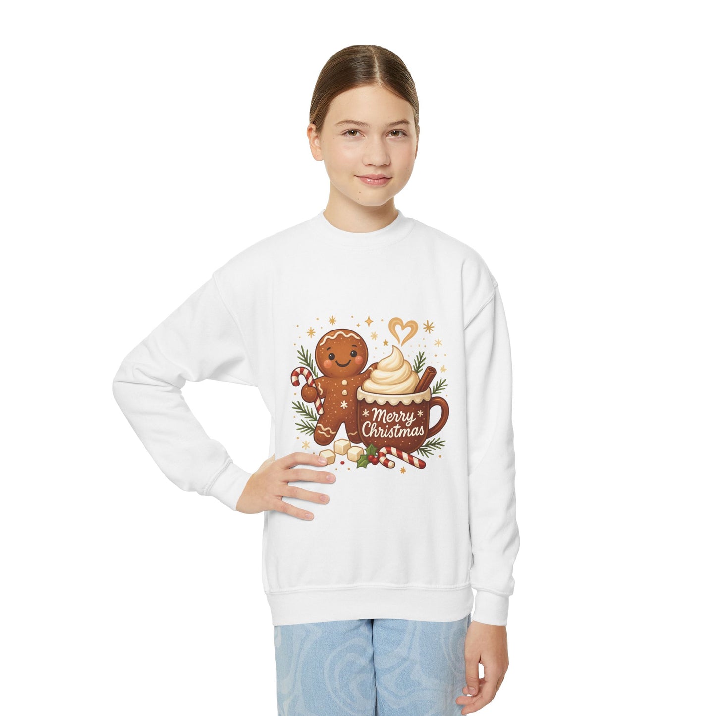 Gingerbread - Hot Cocoa Christmas Sweatshirt for Girls, Cozy Holiday Jumper, Youth Crewneck Sweatshirt