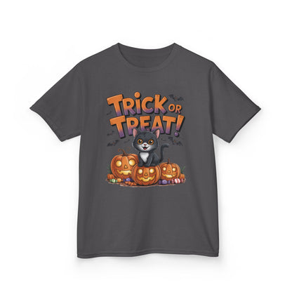 Girls Cute Black Cat Trick or Treat Halloween T-Shirt, Funny Pumpkin Cat Tee, Spooky Fall Shirt for Kids, Matching Family Halloween Shirts