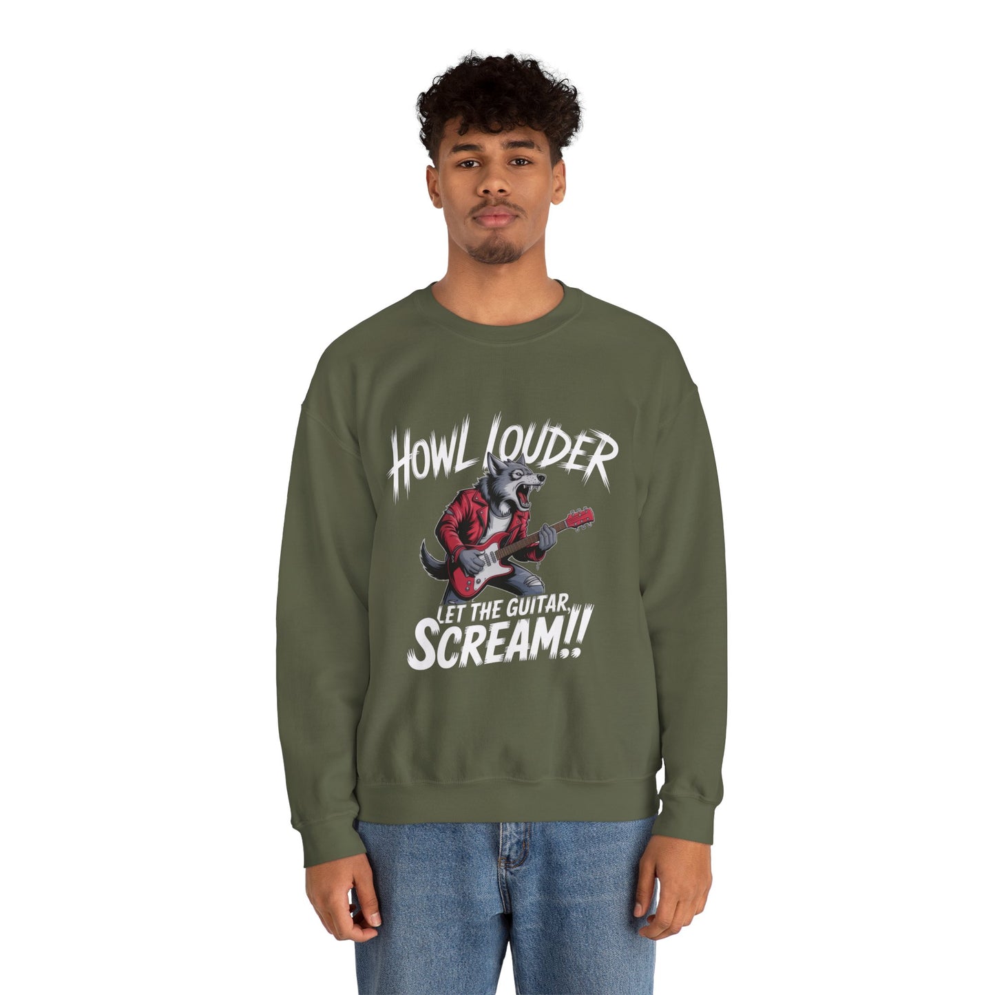 Howl Louder Wolf Sweatshirt, Let The Guitar Scream Pullover, Rock Guitar Animal Hoodie, Rocking Wolf Crewneck Sweatshirt, Music Lover Gift