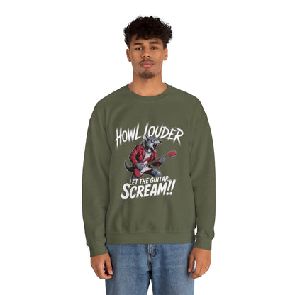 Howl Louder Wolf Sweatshirt, Let The Guitar Scream Pullover, Rock Guitar Animal Hoodie, Rocking Wolf Crewneck Sweatshirt, Music Lover Gift