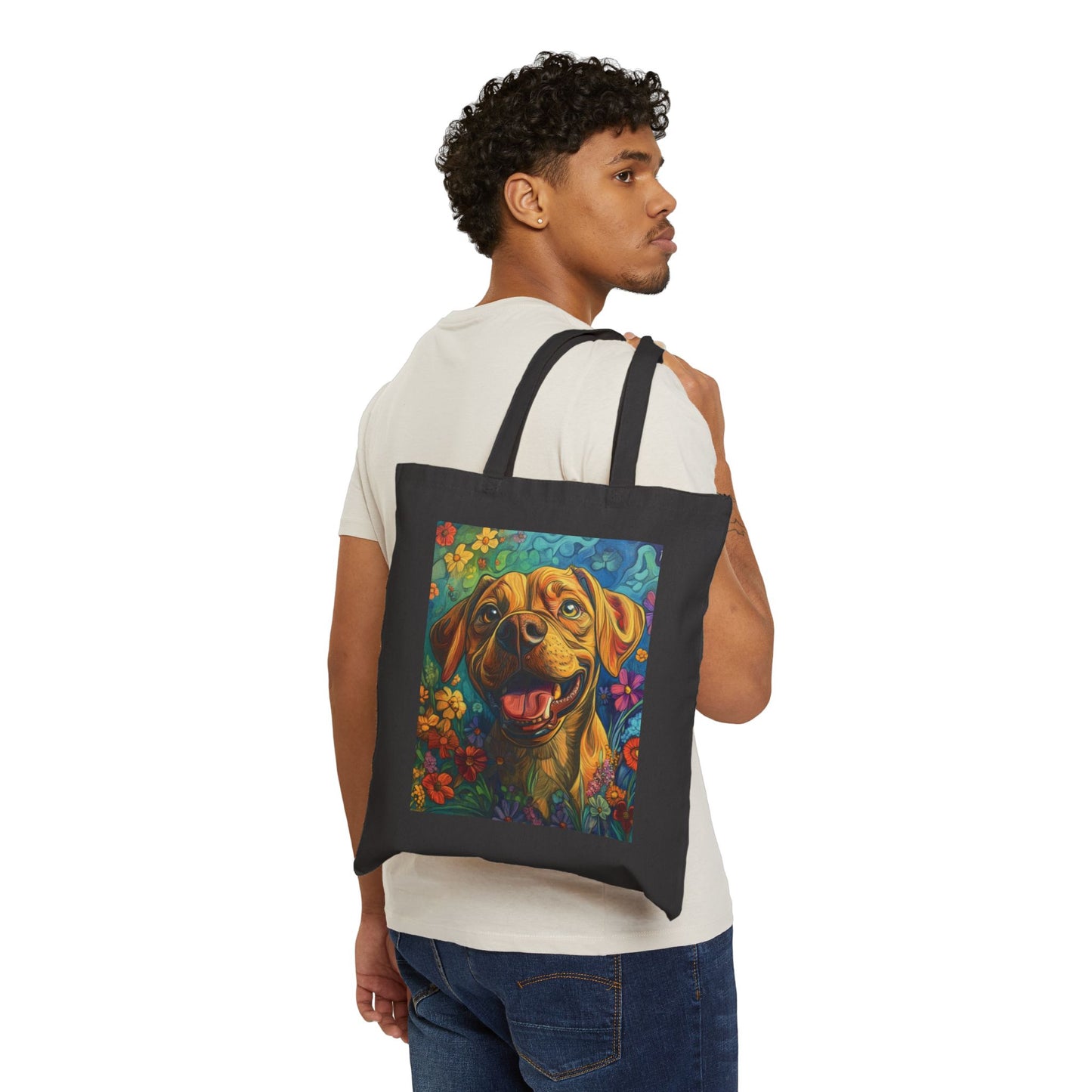 Colorful Dog Art Cotton Canvas Tote Bag, Eco-Friendly Shopping Bag, Pet Lover Gift, Flower Design, Reusable Grocery Tote, Animal Lover