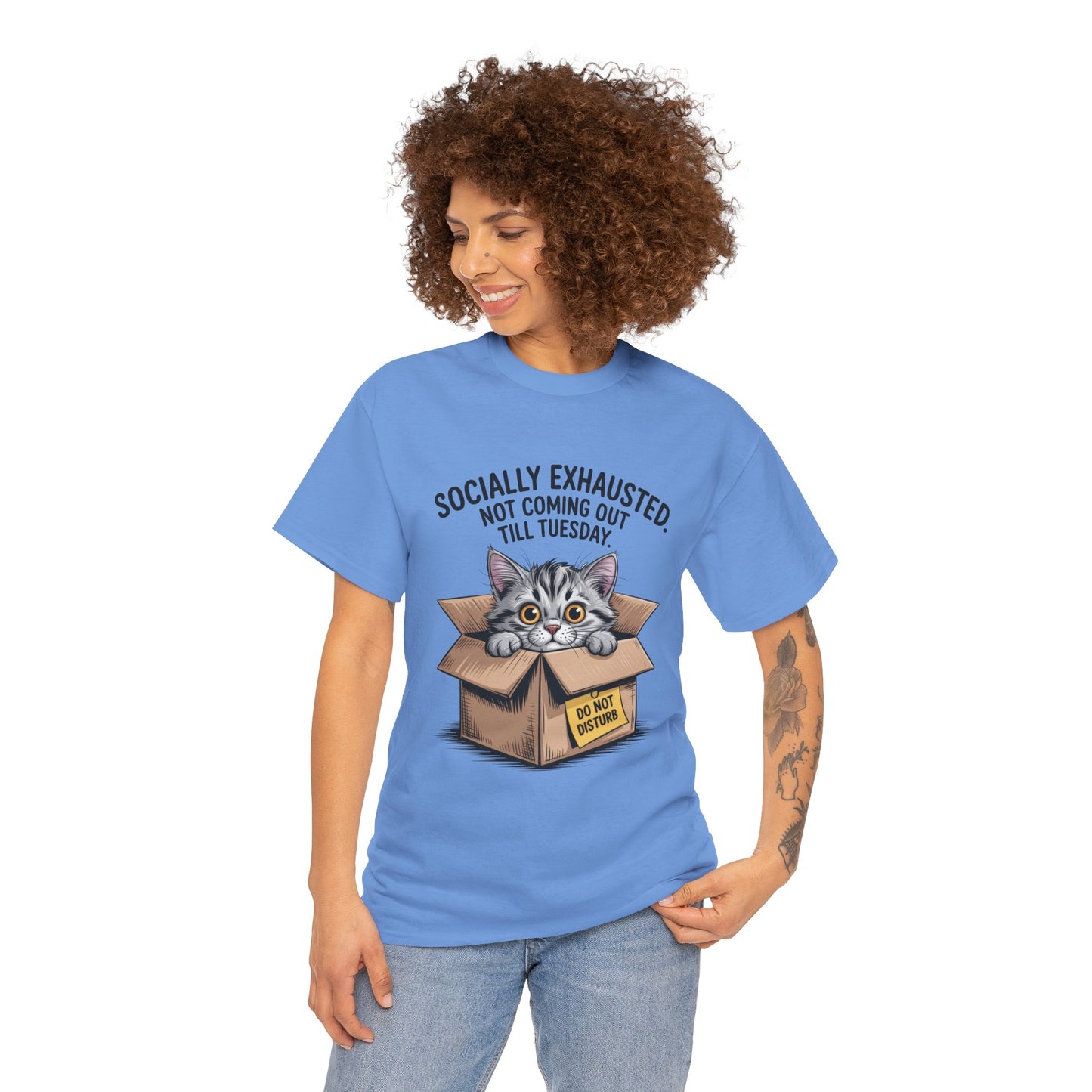 Socially Exhausted Cat Women's Tee, Funny Cat Shirt, Women's Graphic Tee, Gift for Introverts, Cute Animal T-Shirt, Weekend Wear