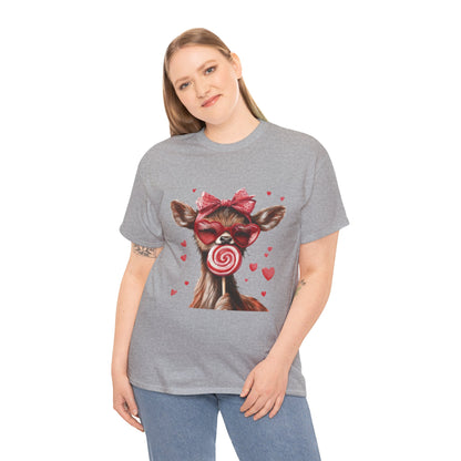Cute Deer with Heart Glasses and Lollipop, Valentine's Day Heavy Cotton Tee, Fun Animal Love Shirt Gift for Her, Animal Lovers Shirt