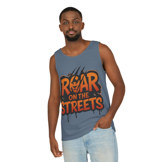 Mens Garment-Dyed Tank Top, Roar on the Streets Lion Graphic Mens Tank Top