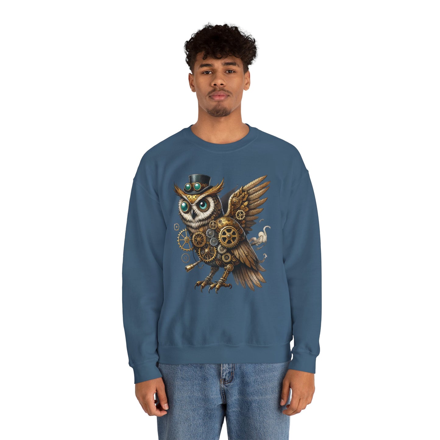Steampunk Owl Unisex Crewneck Sweatshirt, Vintage Mechanical Gears Fantasy Bird Graphic Pullover, Gift for Owl Lovers