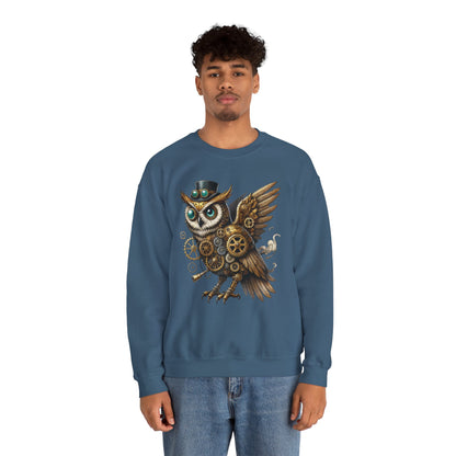 Steampunk Owl Unisex Crewneck Sweatshirt, Vintage Mechanical Gears Fantasy Bird Graphic Pullover, Gift for Owl Lovers