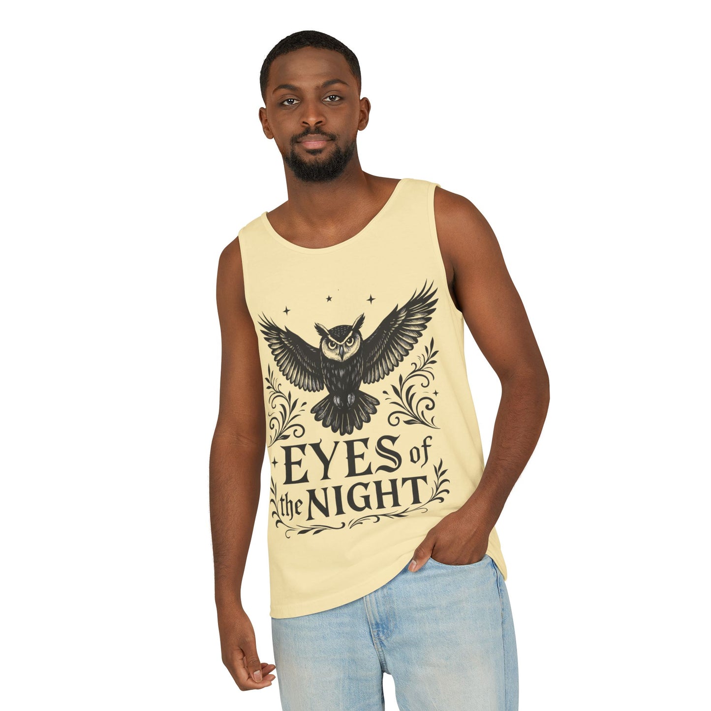 Eyes of the Night Owl Tank Top, Mens Summer Wear, Boho Aesthetic, Festival Outfit, Nature Lover Gift, Halloween Apparel
