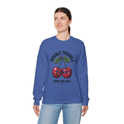 Double Trouble Cherry Sweatshirt, Cute Funny Womens Pullover, Twice The Sass Fruit Graphic Sweater, Playful Red Cherry Crewneck