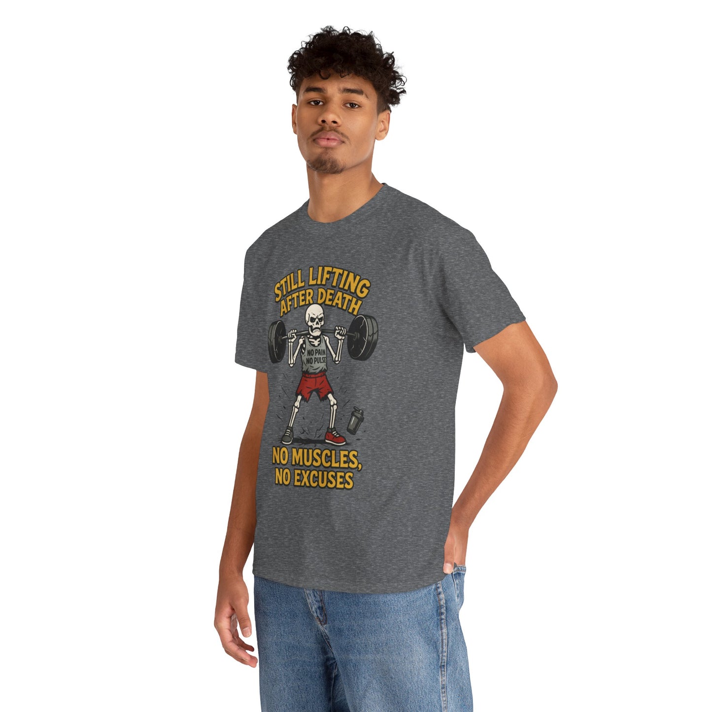 Funny Skeleton Gym T-Shirt, Still Lifting After Death, Funny Workout Shirt for Men, Fitness Gift, Halloween Apparel, Unisex Cotton Tee