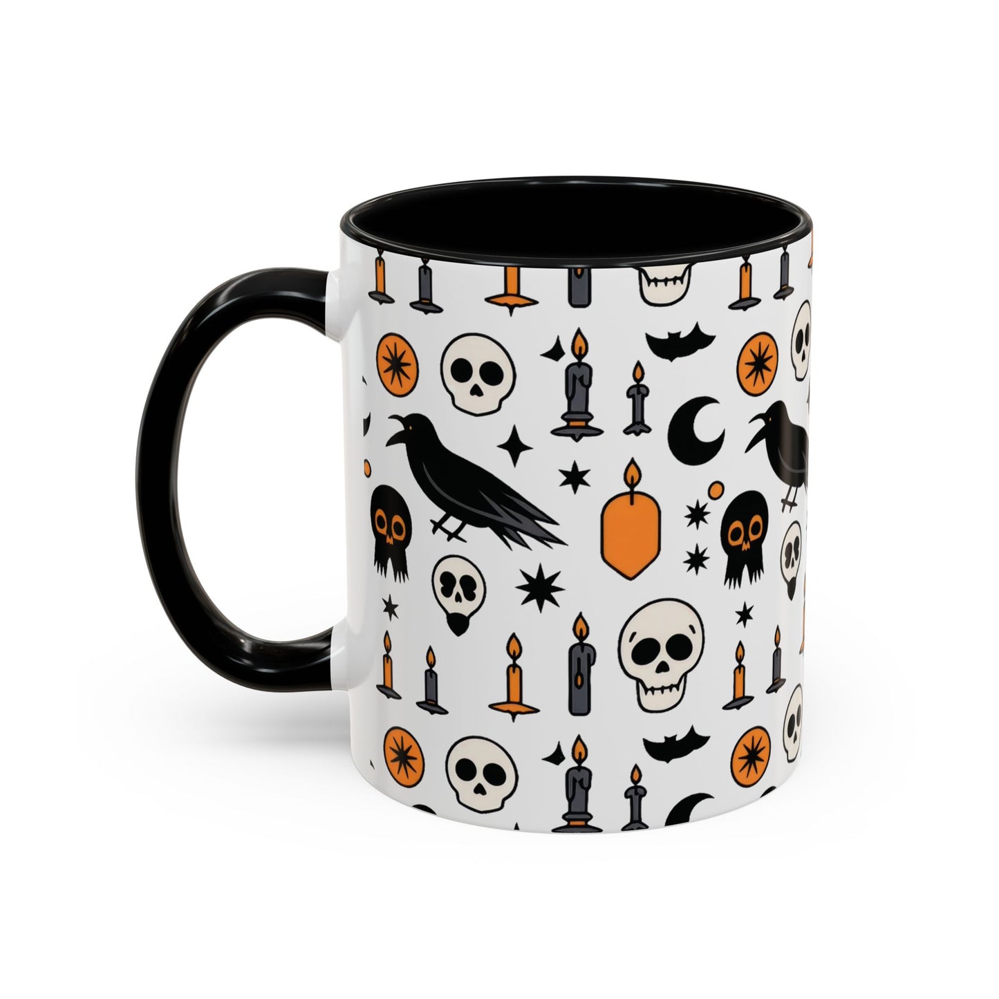 Gothic Halloween Mug, Skull, Candle - Raven Pattern Coffee Cup, Dark Aesthetic Spooky Gift for Her or Him, Accent Coffee Mug (11, 15oz)