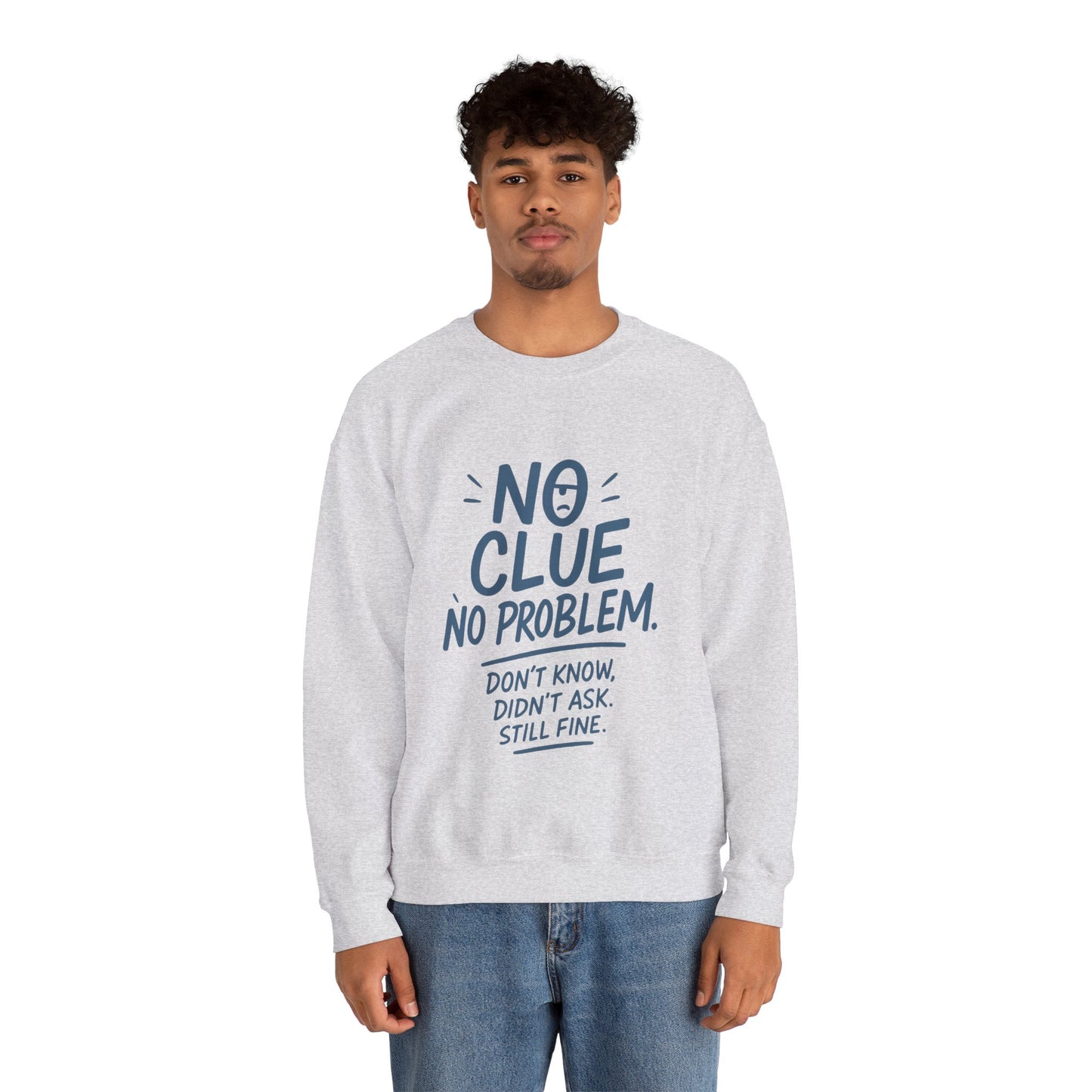 Funny Mens Crewneck Sweatshirt, No Clue No Problem Quote, Dont Know Didnt Ask, Cozy Relaxed Fit Pullover,  Funny Casual Pullover