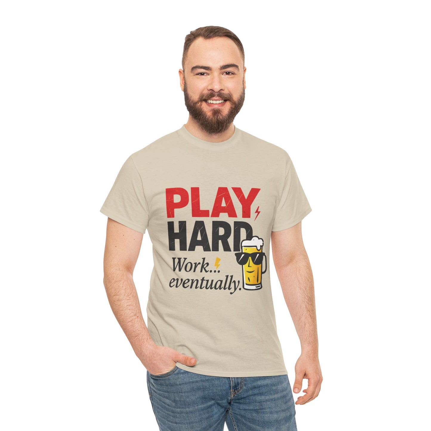 Play Hard Mens Heavy Cotton Tee, Perfect for Beer Lovers, Casual Hangouts, Parties, Gifts, and Relaxed Days