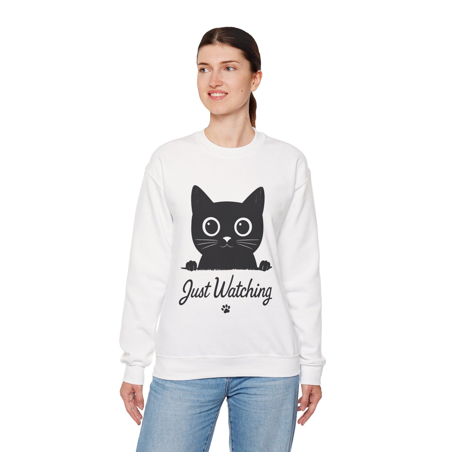 Funny Black Cat Womens Crewneck Sweatshirt - Just Watching Minimalist Kitty Pullover - Cozy Cat Lover Gift, Pet Owner Apparel