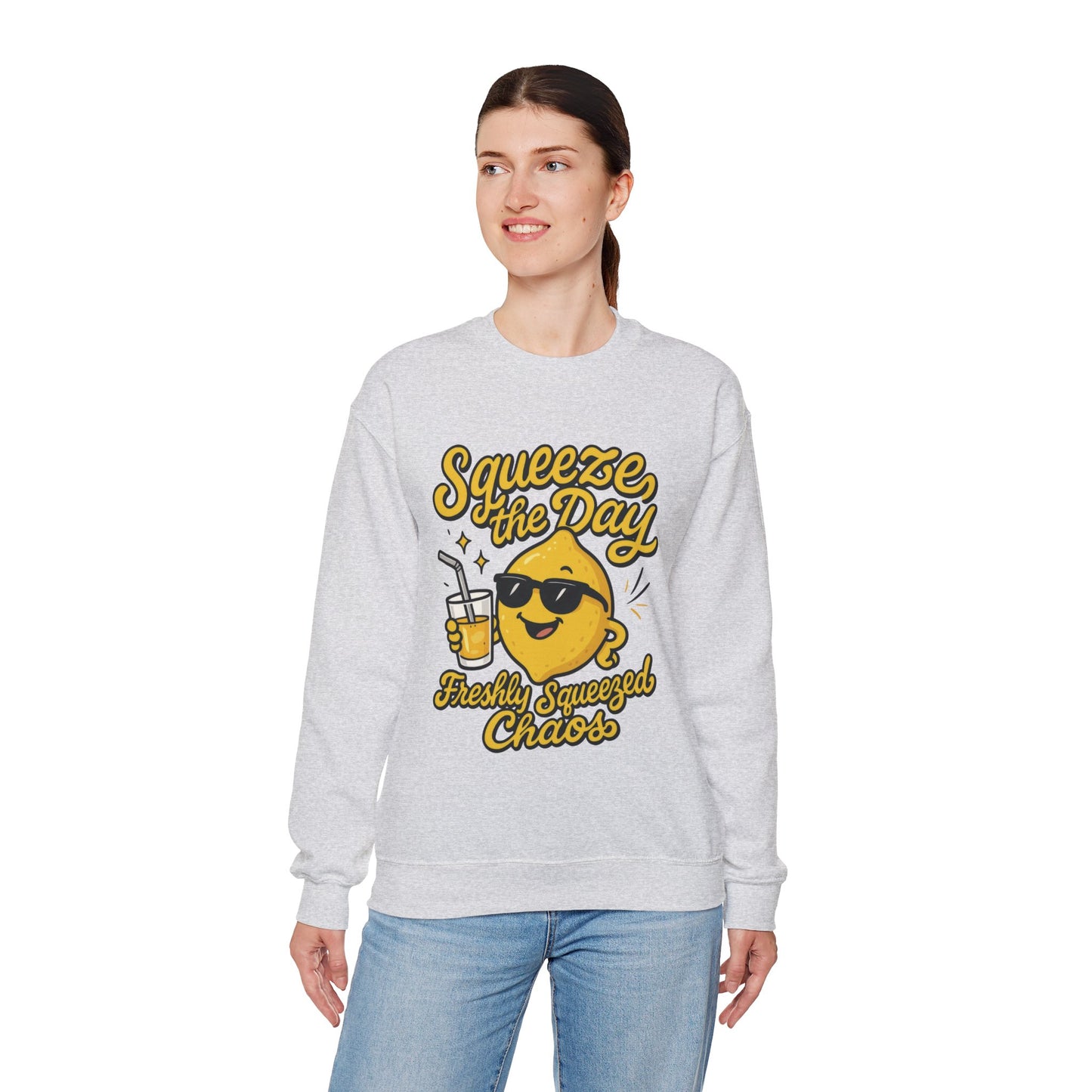 Funny Lemon Womens Sweatshirt - Squeeze The Day Freshly Squeezed Chaos Cozy Pullover - Citrus Positive Crewneck Sweatshirt, Cheerful Fashion